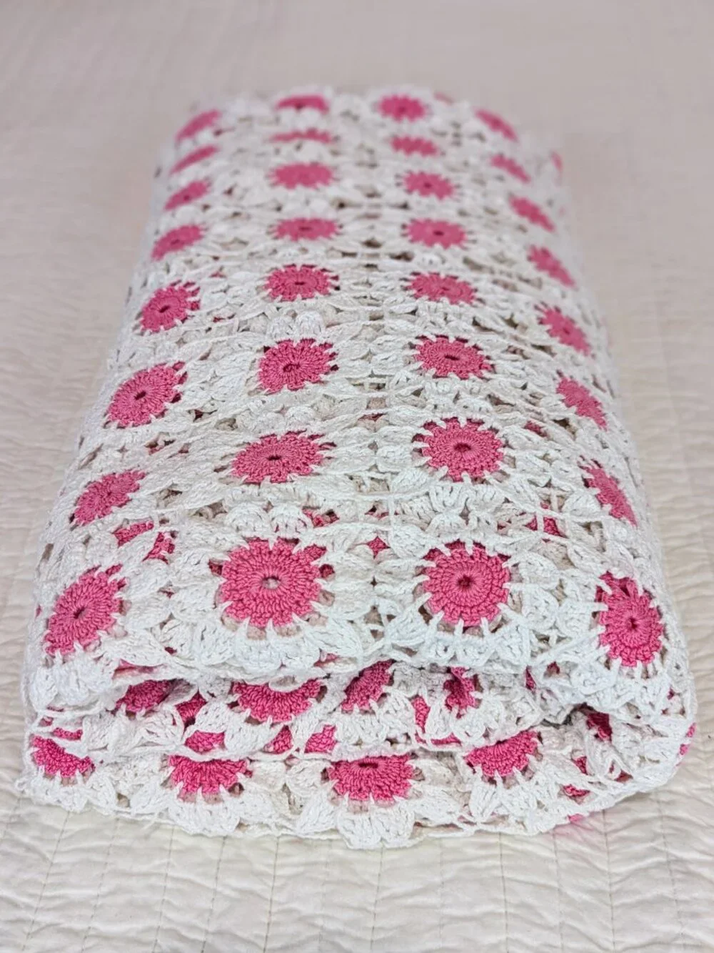 Boho Cottagecore Crochet Quilt ~ Bright Pink/White ~ Hand Crocheted Cotton
